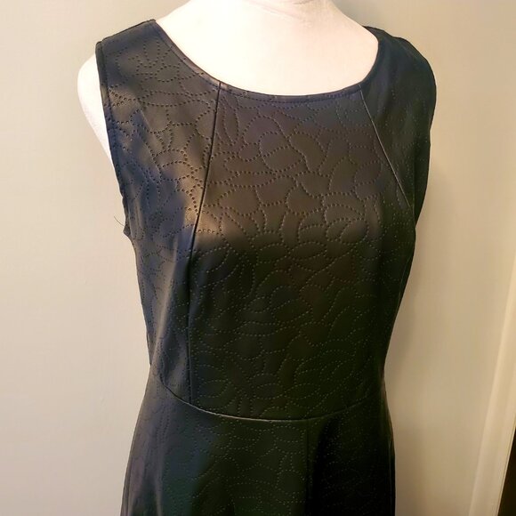 ELENA WANG Black Fit & Flared Midi Cocktail Dress Imprinted Faux Leather & Knit - Picture 3 of 11